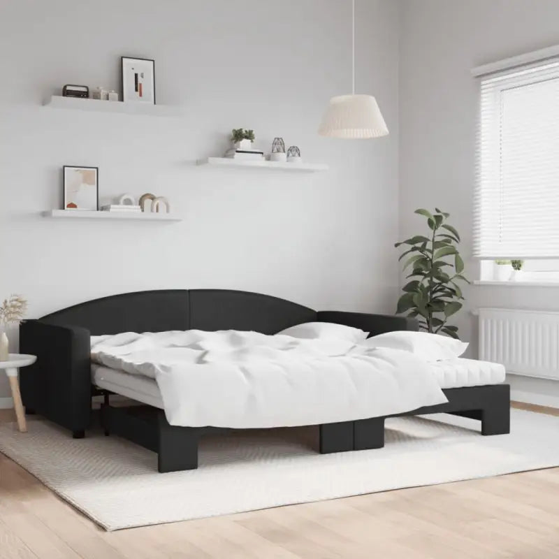 2-in-1 Slaapbank voor in woonkamer of slaapkamer - Zwart / 100 x 200 cm / met onderschuifbed en matras - Bedden &