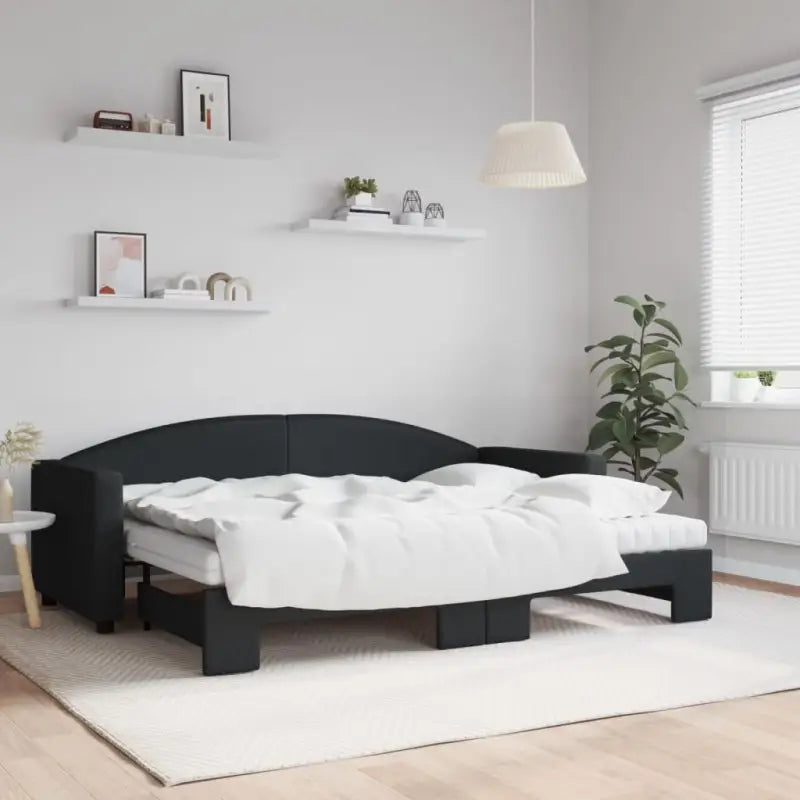2-in-1 Slaapbank voor in woonkamer of slaapkamer - Zwart / 80 x 200 cm / met onderschuifbed en matras - Bedden &