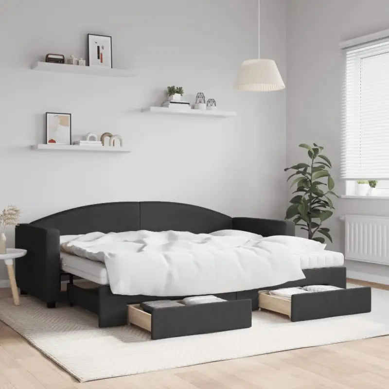 2-in-1 Slaapbank voor in woonkamer of slaapkamer - Zwart / 80 x 200 cm / met onderschuifbed en lade en matras - Bedden