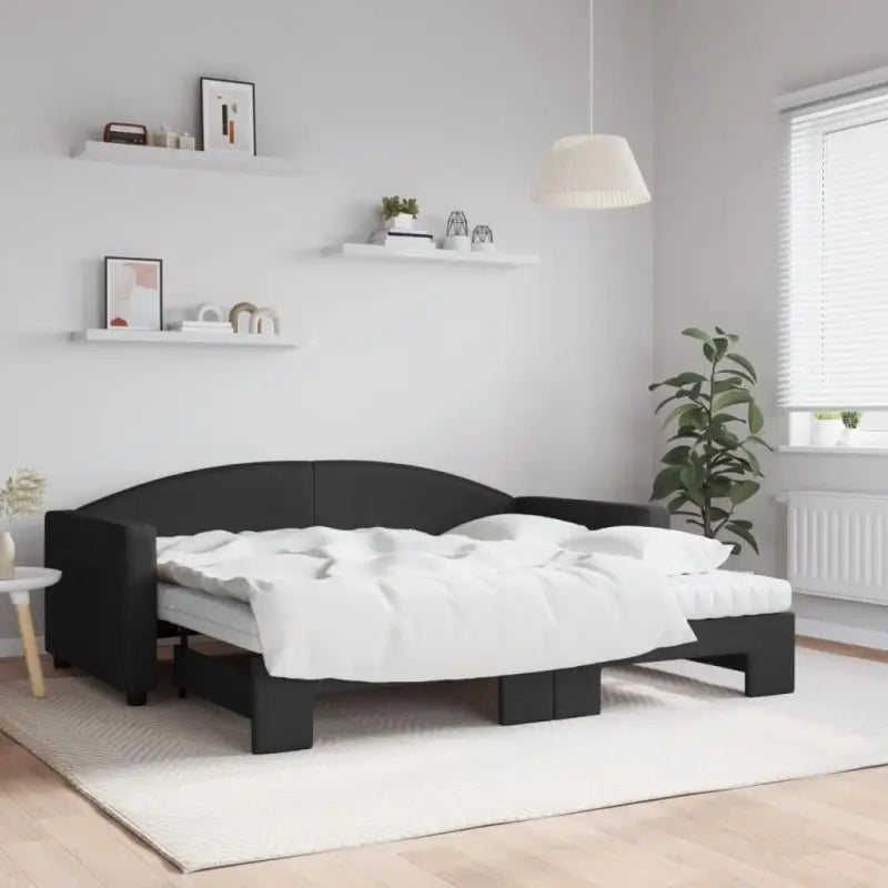 2-in-1 Slaapbank voor in woonkamer of slaapkamer - Zwart / 90 x 190 cm / met onderschuifbed en matras - Bedden &
