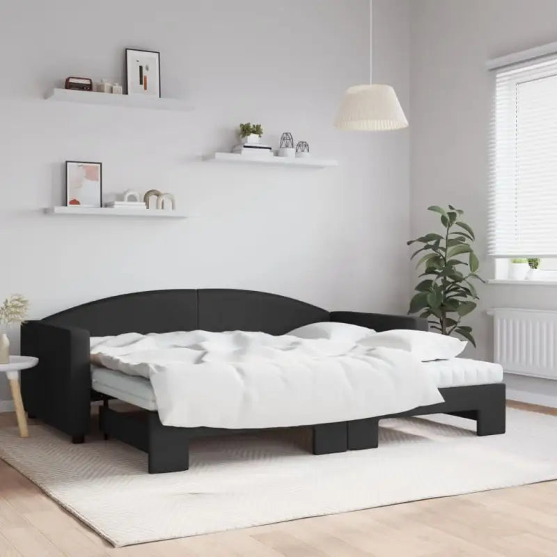 2-in-1 Slaapbank voor in woonkamer of slaapkamer - Zwart / 90 x 200 cm / met onderschuifbed en matras - Bedden &
