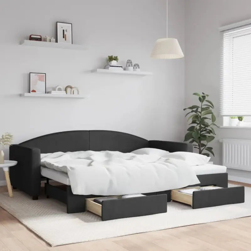 2-in-1 Slaapbank voor in woonkamer of slaapkamer - Zwart / 90 x 200 cm / met onderschuifbed en lade - Bedden & bedframes