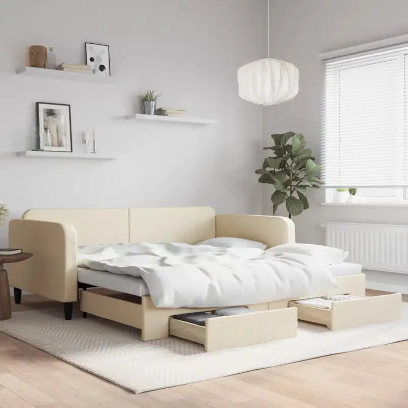 2-in-1 Slaapbank voor Woon- of Slaapkamer - Crème / 100 x 200 cm / met onderschuifbed en lade - Bedden & bedframes
