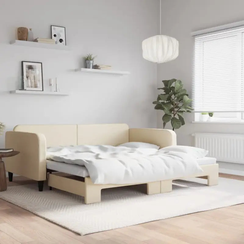 2-in-1 Slaapbank voor Woon- of Slaapkamer - Crème / 100 x 200 cm / met onderschuifbed - Bedden & bedframes