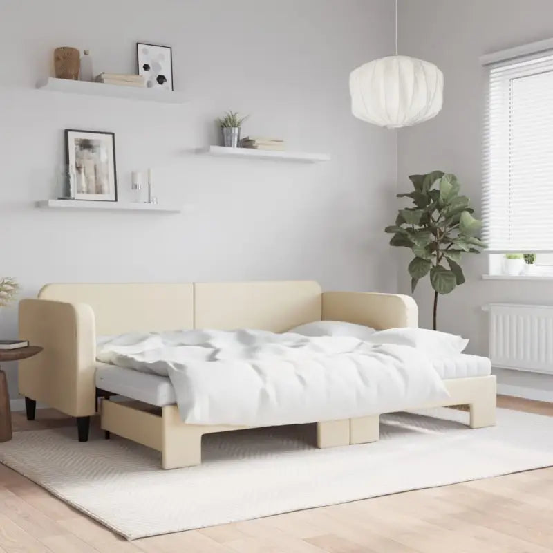 2-in-1 Slaapbank voor Woon- of Slaapkamer - Crème / 80 x 200 cm / met onderschuifbed en matras - Bedden & bedframes