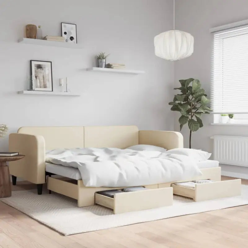 2-in-1 Slaapbank voor Woon- of Slaapkamer - Crème / 90 x 200 cm / met onderschuifbed en lade - Bedden & bedframes
