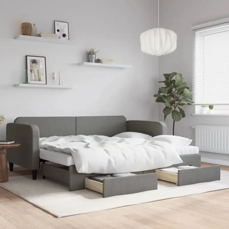 2-in-1 Slaapbank voor Woon- of Slaapkamer - Donkergrijs / 90 x 200 cm / met onderschuifbed en lade en matras - Bedden &