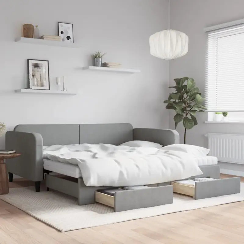 2-in-1 Slaapbank voor Woon- of Slaapkamer - Lichtgrijs / 100 x 200 cm / met onderschuifbed en lade en matras - Bedden &