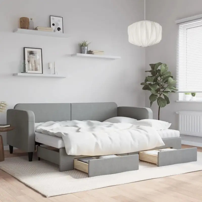 2-in-1 Slaapbank voor Woon- of Slaapkamer - Lichtgrijs / 80 x 200 cm / met onderschuifbed en lade en matras - Bedden &