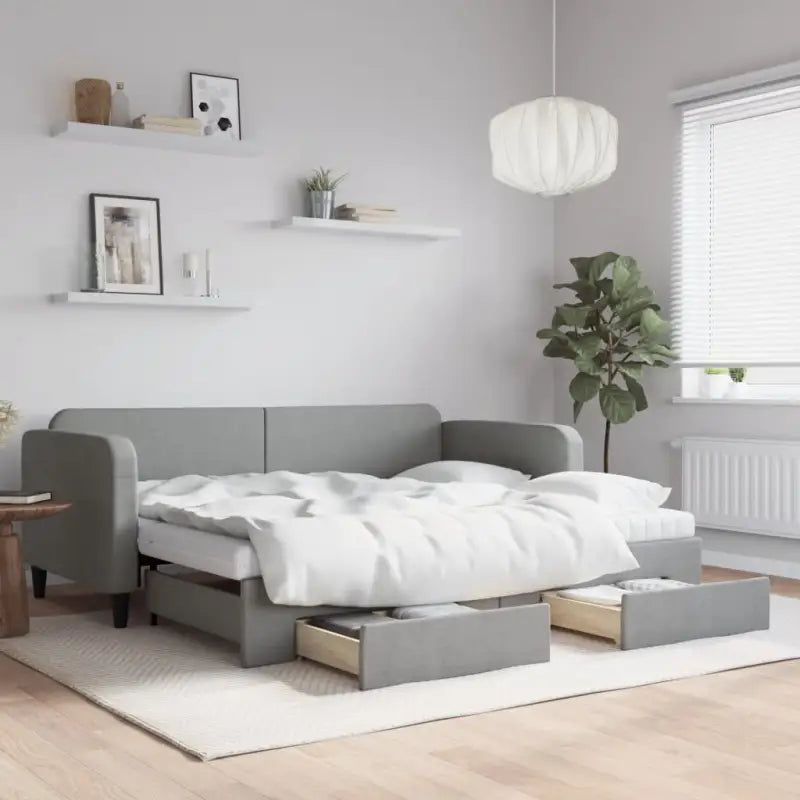 2-in-1 Slaapbank voor Woon- of Slaapkamer - Lichtgrijs / 90 x 190 cm / met onderschuifbed en lade en matras - Bedden &