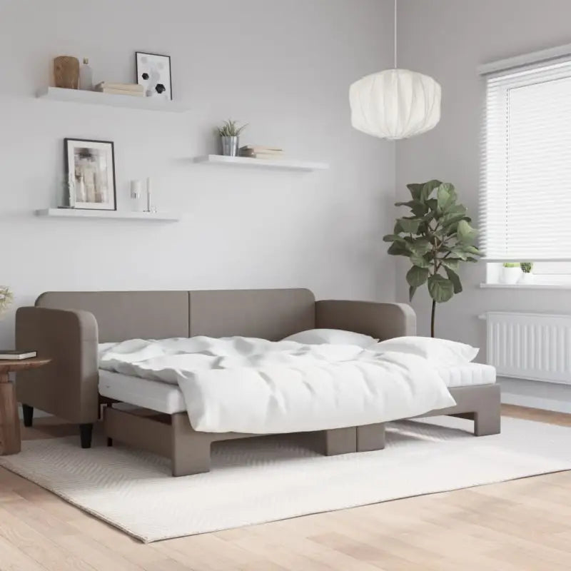 2-in-1 Slaapbank voor Woon- of Slaapkamer - Taupe / 90 x 200 cm / met onderschuifbed en matras - Bedden & bedframes