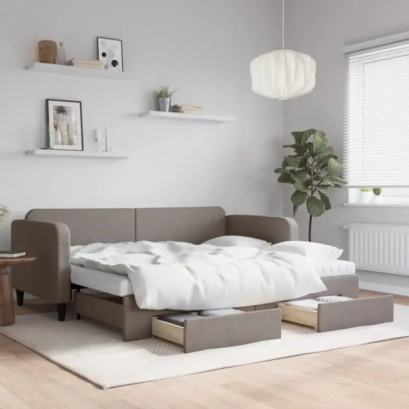 2-in-1 Slaapbank voor Woon- of Slaapkamer - Taupe / 90 x 200 cm / met onderschuifbed en lade en matras - Bedden &