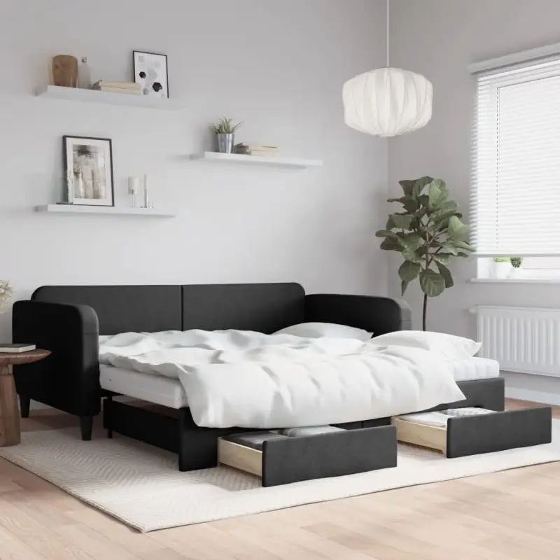 2-in-1 Slaapbank voor Woon- of Slaapkamer - Zwart / 100 x 200 cm / met onderschuifbed en lade en matras - Bedden &