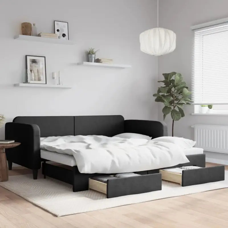 2-in-1 Slaapbank voor Woon- of Slaapkamer - Zwart / 100 x 200 cm / met onderschuifbed en lade - Bedden & bedframes