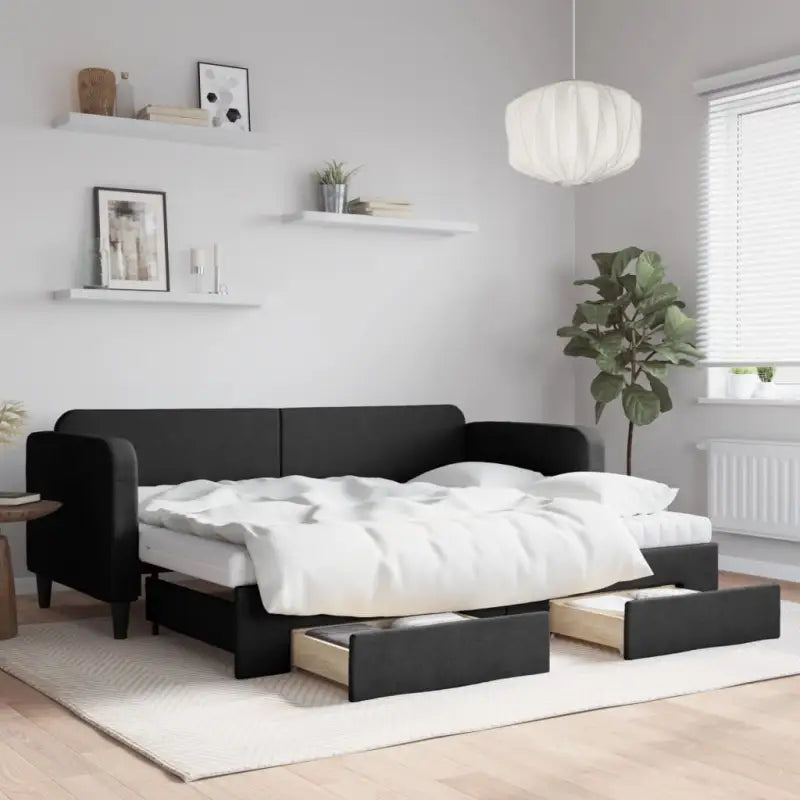 2-in-1 Slaapbank voor Woon- of Slaapkamer - Zwart / 80 x 200 cm / met onderschuifbed en lade en matras - Bedden &