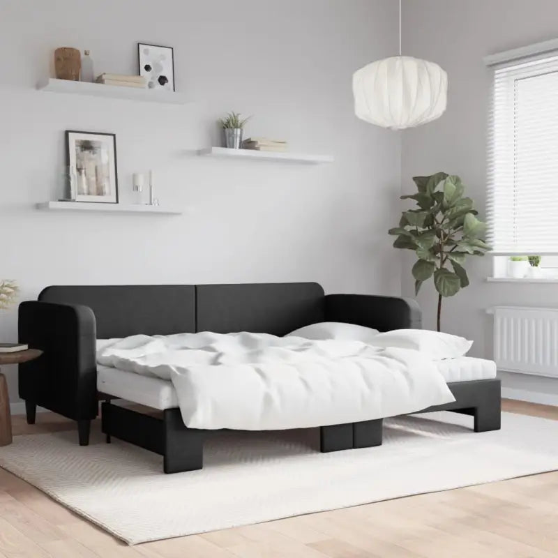 2-in-1 Slaapbank voor Woon- of Slaapkamer - Zwart / 80 x 200 cm / met onderschuifbed en matras - Bedden & bedframes
