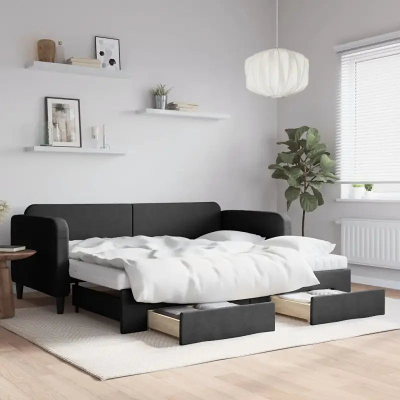 2-in-1 Slaapbank voor Woon- of Slaapkamer - Zwart / 90 x 190 cm / met onderschuifbed en lade en matras - Bedden &