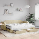 2-in-1 Slaapbank voor Woonkamer en Slaapkamer - Crème / 100 x 200 cm / met onderschuifbed en lade en matras - Bedden &
