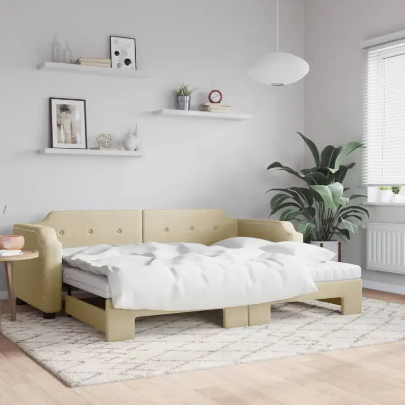 2-in-1 Slaapbank voor Woonkamer en Slaapkamer - Crème / 80 x 200 cm / met onderschuifbed en matras - Bedden & bedframes