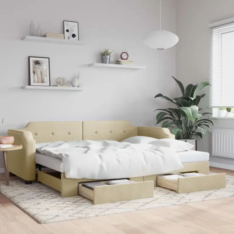 2-in-1 Slaapbank voor Woonkamer en Slaapkamer - Crème / 80 x 200 cm / met onderschuifbed en lade - Bedden & bedframes