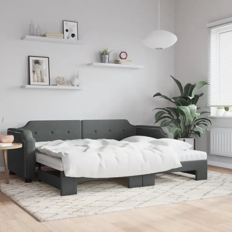 2-in-1 Slaapbank voor Woonkamer en Slaapkamer - Donkergrijs / 100 x 200 cm / met onderschuifbed en matras - Bedden &