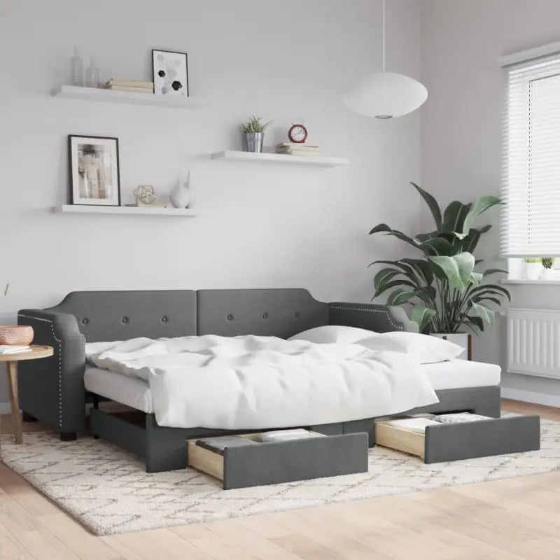 2-in-1 Slaapbank voor Woonkamer en Slaapkamer - Donkergrijs / 100 x 200 cm / met onderschuifbed en lade - Bedden &