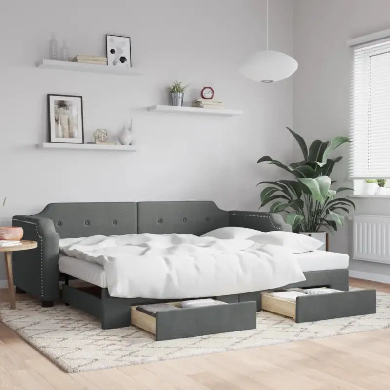 2-in-1 Slaapbank voor Woonkamer en Slaapkamer - Donkergrijs / 80 x 200 cm / met onderschuifbed en lade - Bedden &