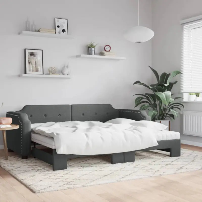 2-in-1 Slaapbank voor Woonkamer en Slaapkamer - Donkergrijs / 90 x 200 cm / met onderschuifbed en matras - Bedden &