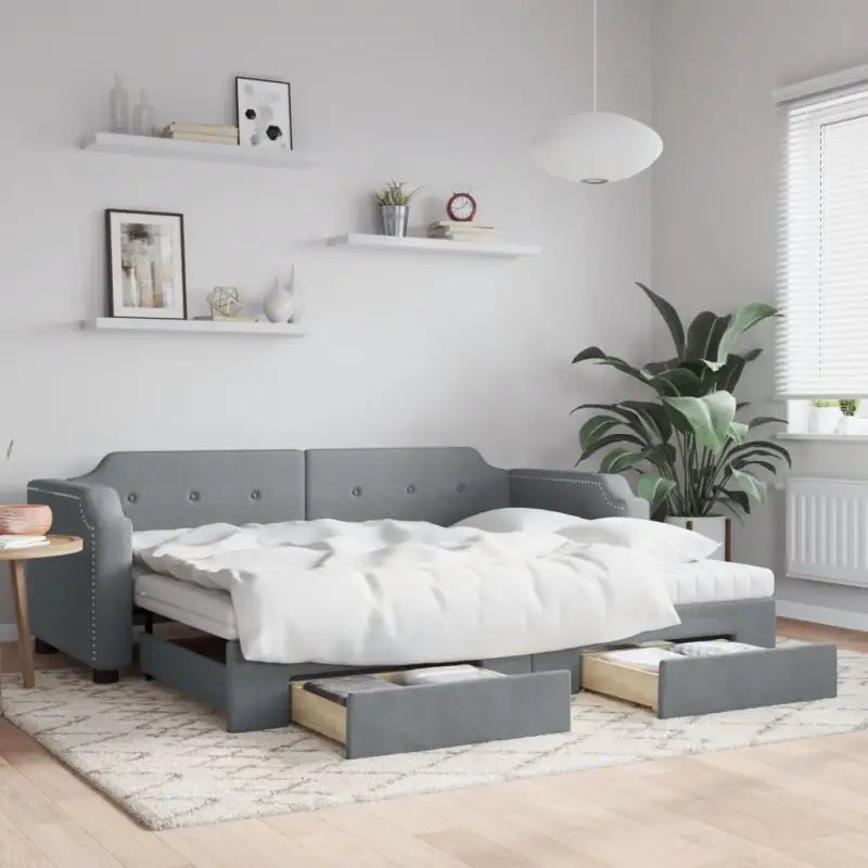 2-in-1 Slaapbank voor Woonkamer en Slaapkamer - Lichtgrijs / 100 x 200 cm / met onderschuifbed en lade en matras