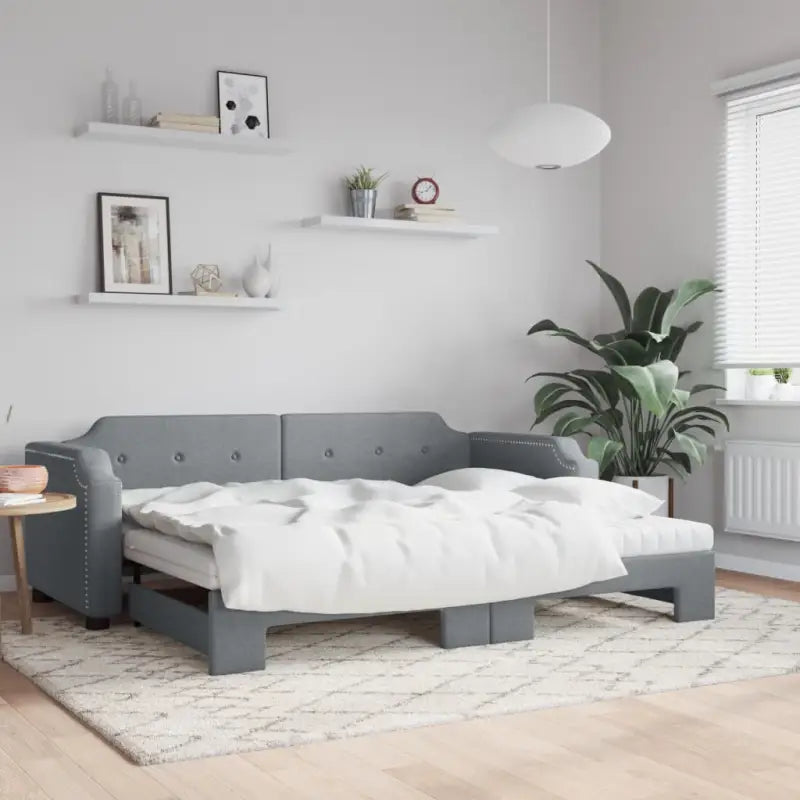 2-in-1 Slaapbank voor Woonkamer en Slaapkamer - Lichtgrijs / 100 x 200 cm / met onderschuifbed en matras - Bedden &