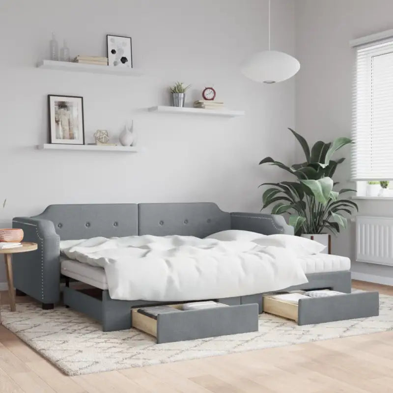 2-in-1 Slaapbank voor Woonkamer en Slaapkamer - Lichtgrijs / 80 x 200 cm / met onderschuifbed en lade en matras