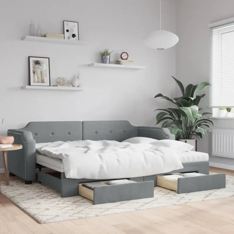 2-in-1 Slaapbank voor Woonkamer en Slaapkamer - Lichtgrijs / 90 x 200 cm / met onderschuifbed en lade en matras