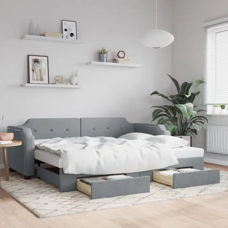 2-in-1 Slaapbank voor Woonkamer en Slaapkamer - Lichtgrijs / 90 x 200 cm / met onderschuifbed en lade - Bedden &