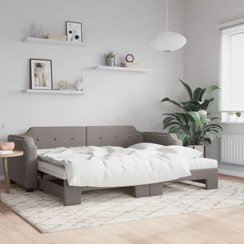 2-in-1 Slaapbank voor Woonkamer en Slaapkamer - Taupe / 100 x 200 cm / met onderschuifbed en matras - Bedden & bedframes