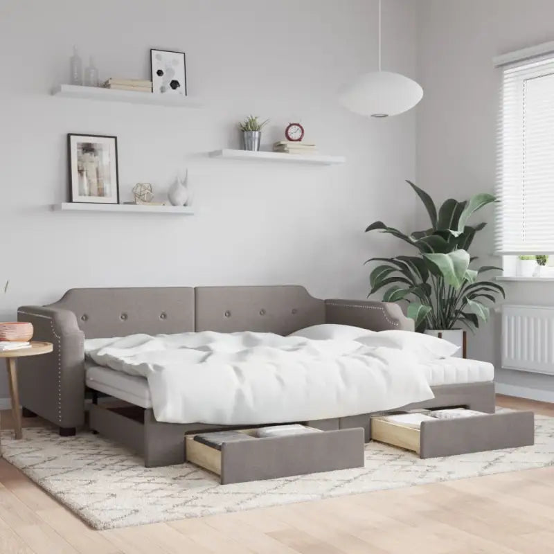 2-in-1 Slaapbank voor Woonkamer en Slaapkamer - Taupe / 90 x 200 cm / met onderschuifbed en lade en matras - Bedden &