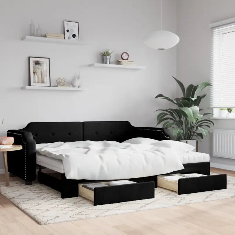 2-in-1 Slaapbank voor Woonkamer en Slaapkamer - Zwart / 80 x 200 cm / met onderschuifbed en lade en matras - Bedden &