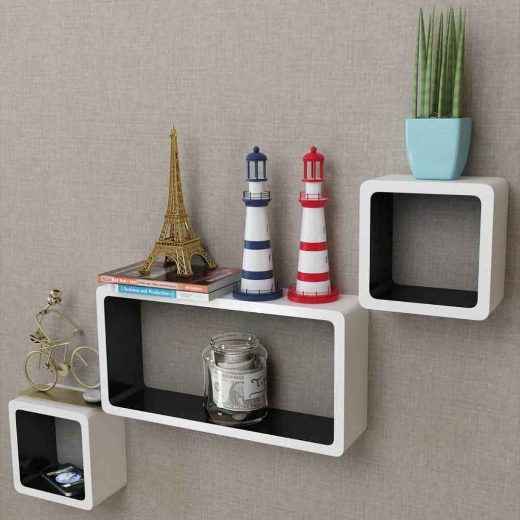 Wandplanken kubus MDF zwevend opbergruimte boeken/dvd wit-zwart 3 st