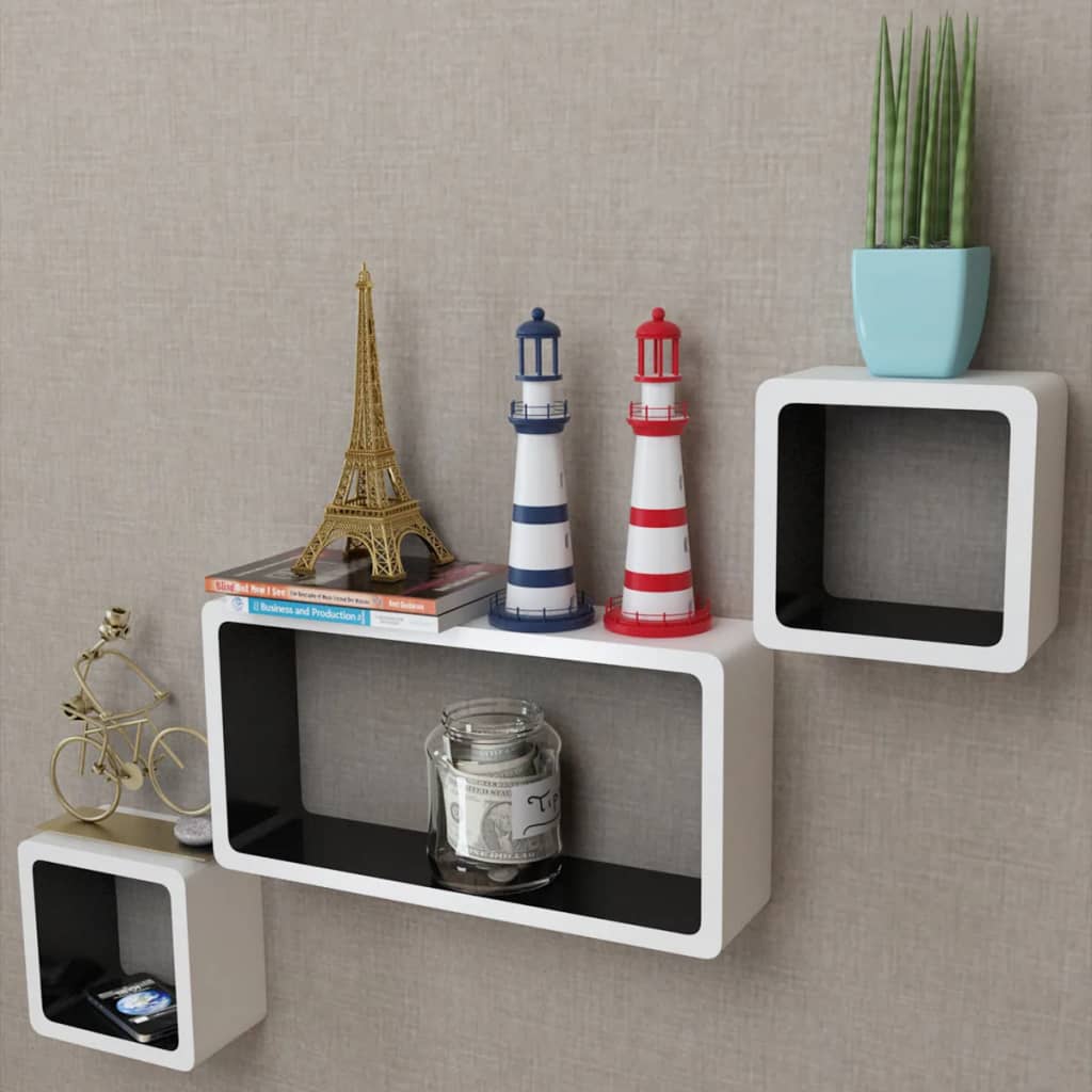 Wandplanken kubus MDF zwevend opbergruimte boeken/dvd wit-zwart 3 st