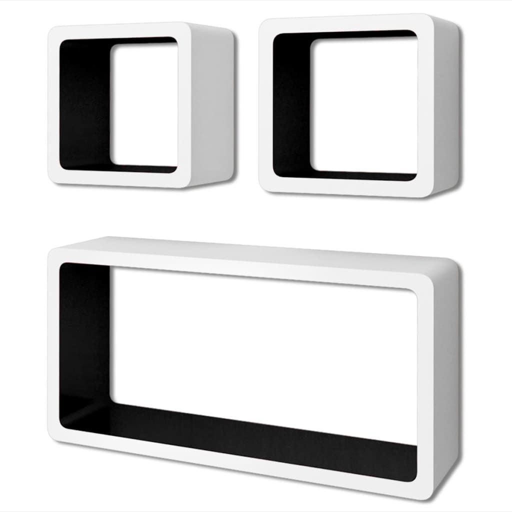 Wandplanken kubus MDF zwevend opbergruimte boeken/dvd wit-zwart 3 st