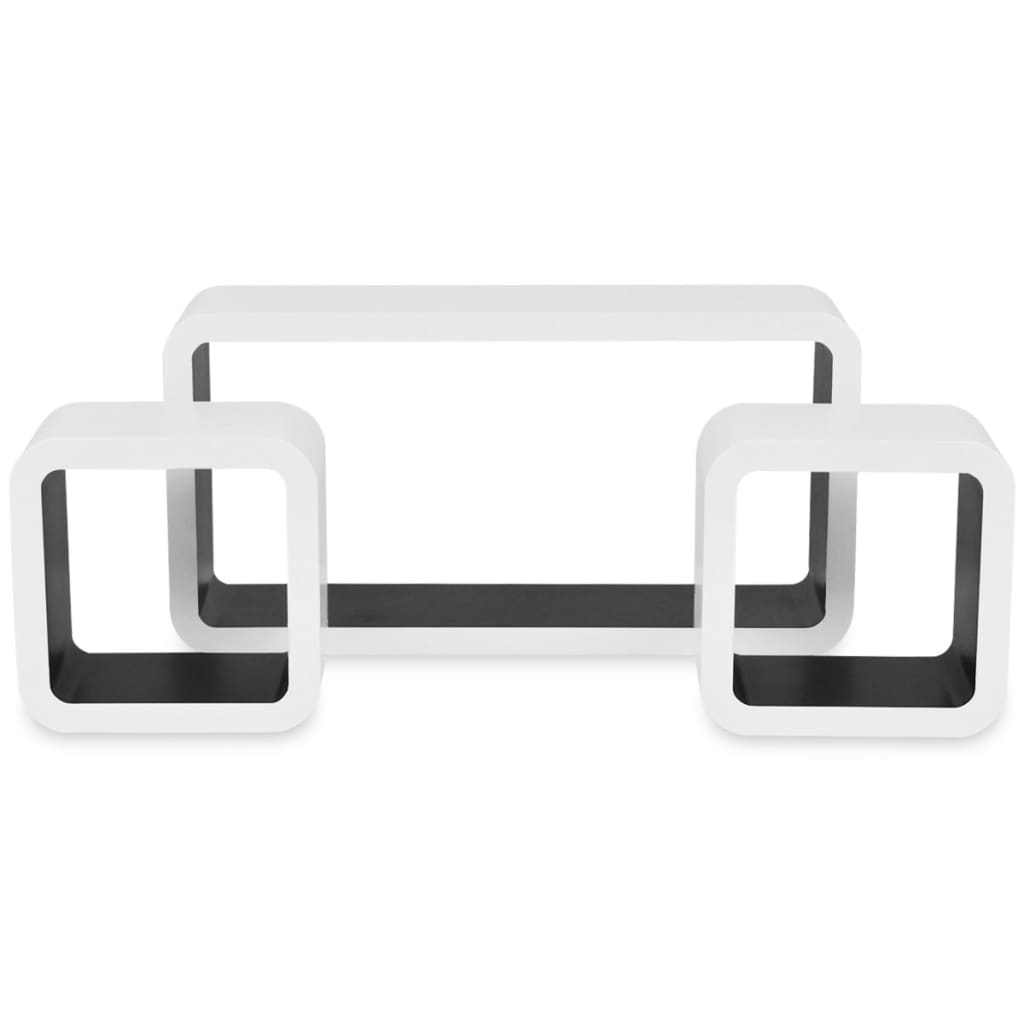 Wandplanken kubus MDF zwevend opbergruimte boeken/dvd wit-zwart 3 st