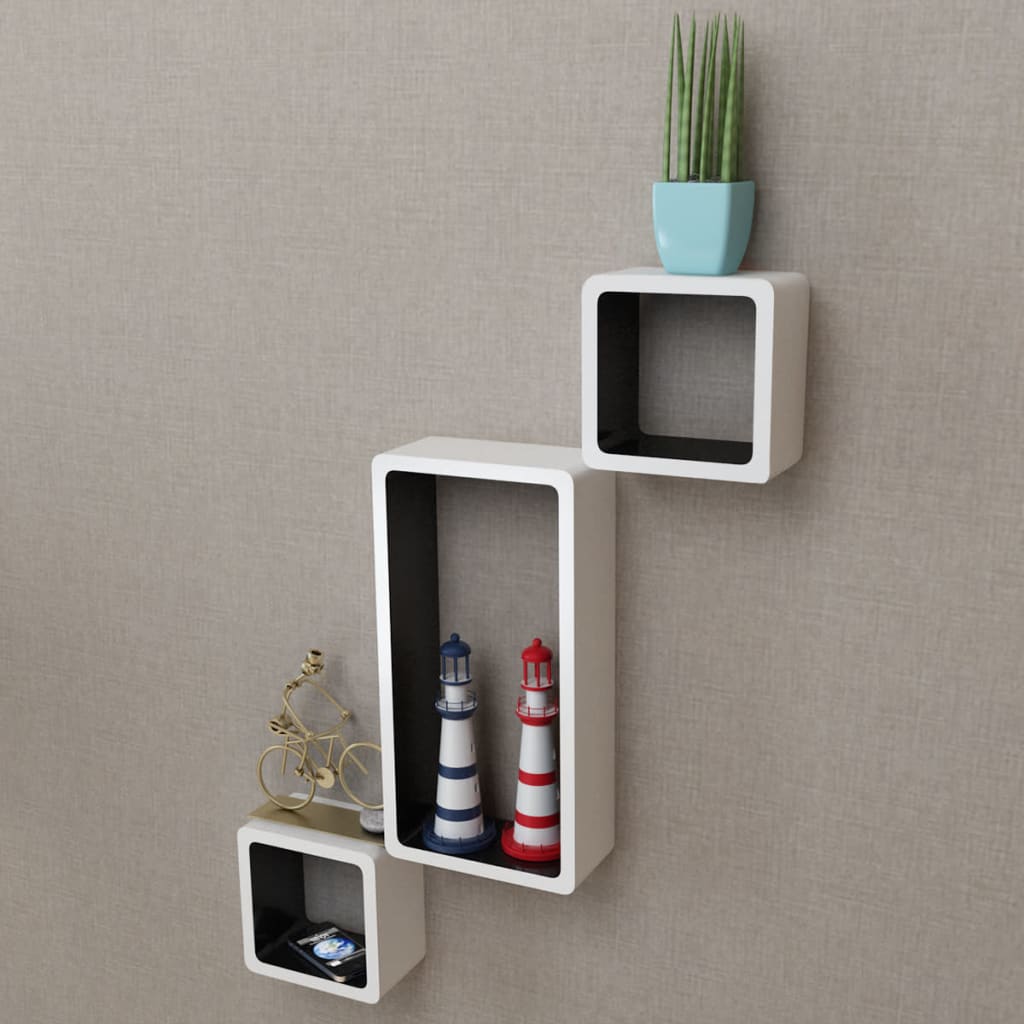Wandplanken kubus MDF zwevend opbergruimte boeken/dvd wit-zwart 3 st