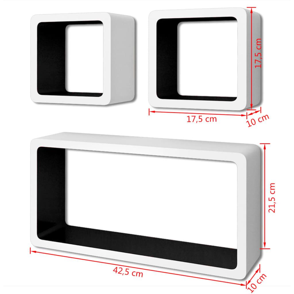 Wandplanken kubus MDF zwevend opbergruimte boeken/dvd wit-zwart 3 st