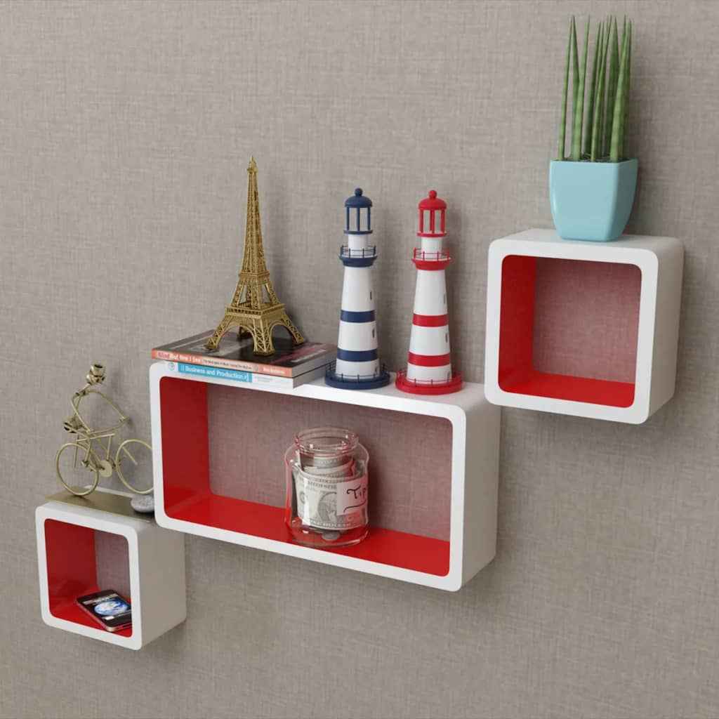 Wandplanken kubus MDF zwevend opbergruimte boeken/dvd wit-zwart 3 st