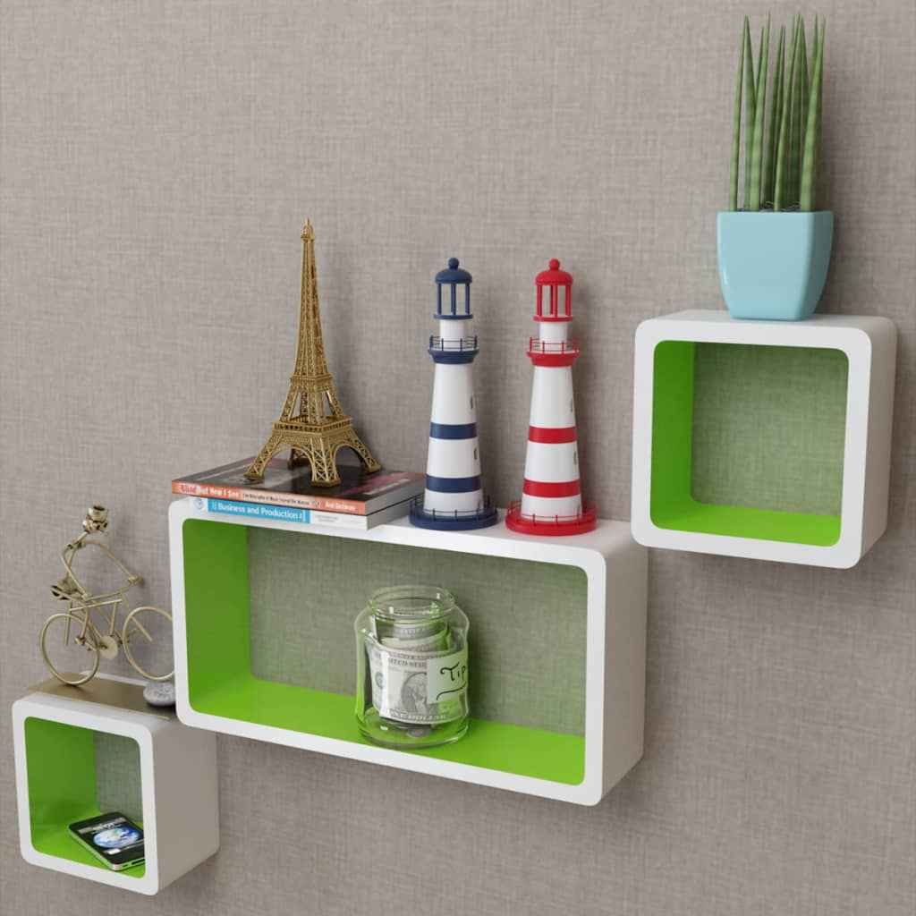 Wandplanken kubus MDF zwevend opbergruimte boeken/dvd wit-zwart 3 st