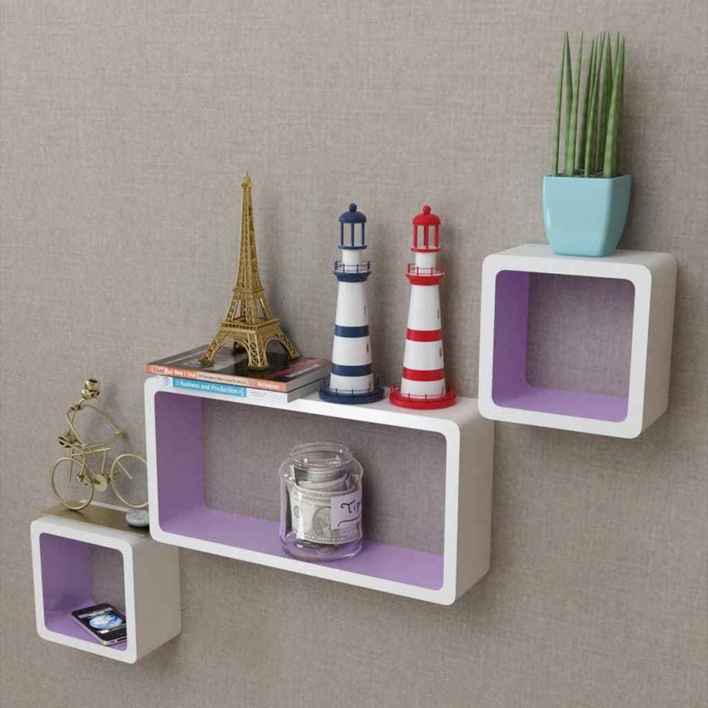 Wandplanken kubus MDF zwevend opbergruimte boeken/dvd wit-zwart 3 st