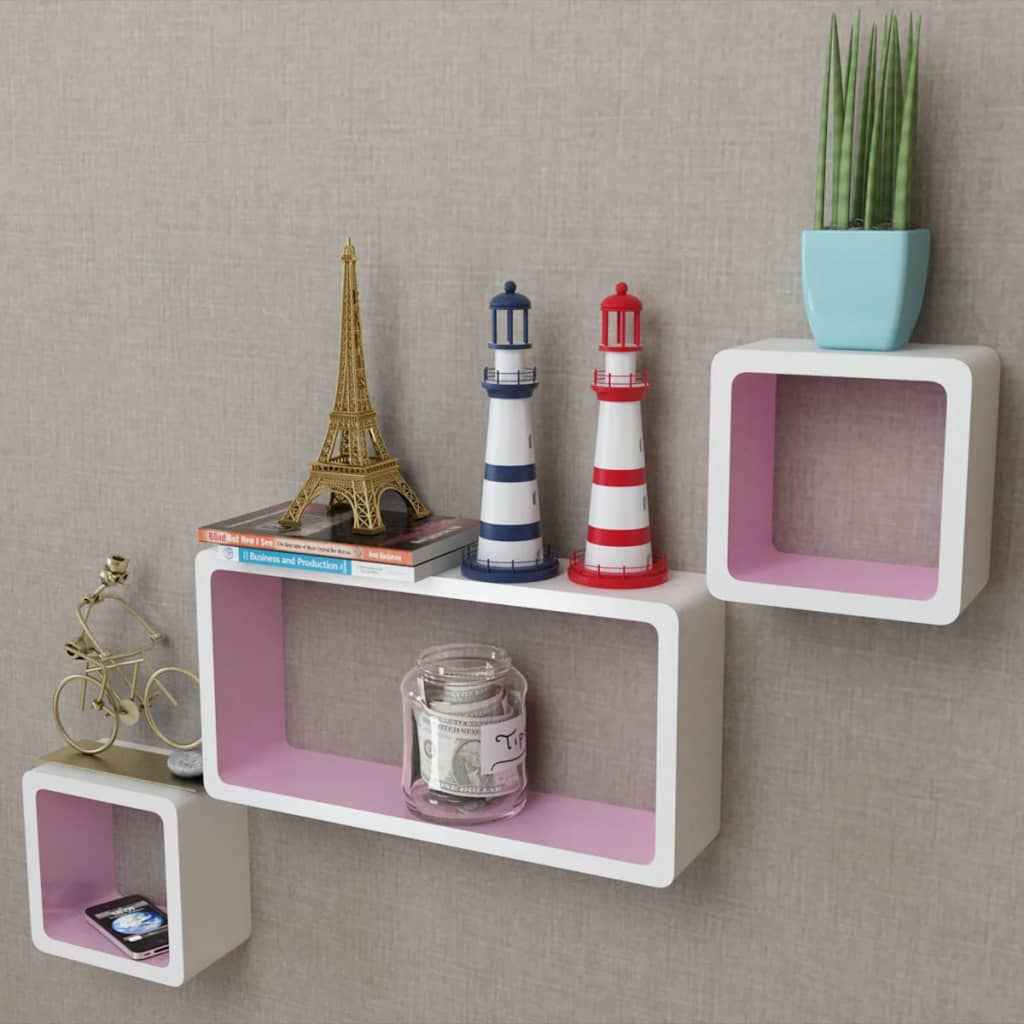 Wandplanken kubus MDF zwevend opbergruimte boeken/dvd wit-zwart 3 st