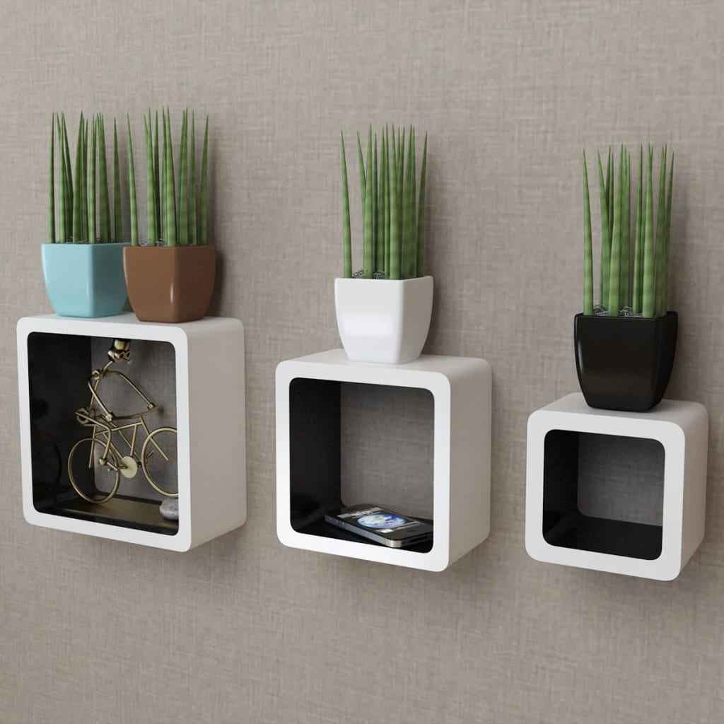 Wandplanken kubus MDF zwevend voor boeken/dvd wit-zwart 3 st