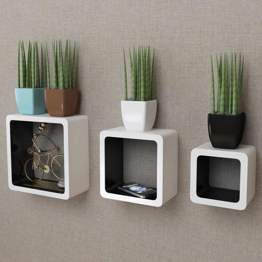 Wandplanken kubus MDF zwevend voor boeken/dvd wit-zwart 3 st