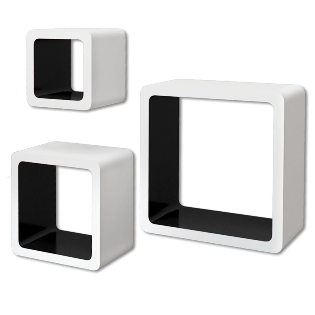 Wandplanken kubus MDF zwevend voor boeken/dvd wit-zwart 3 st
