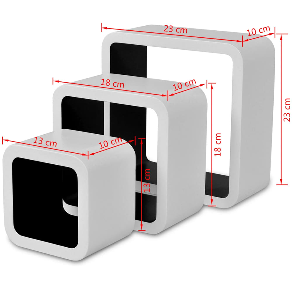 Wandplanken kubus MDF zwevend voor boeken/dvd wit-zwart 3 st